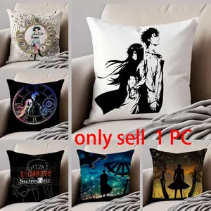 Anime S-Steins Gate Pillow Case Anti-dustmite Pillowcase Sofa Cushion Cover with Invisible Zipper Silky Short Plush Polyester Microfiber Fabric White Available in Different Sizes for Home Bed Use