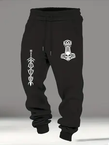 Viking Thor's Hammer & Sword Graphic Sweatpants - Celtic Knot Casual Loose Fit Joggers