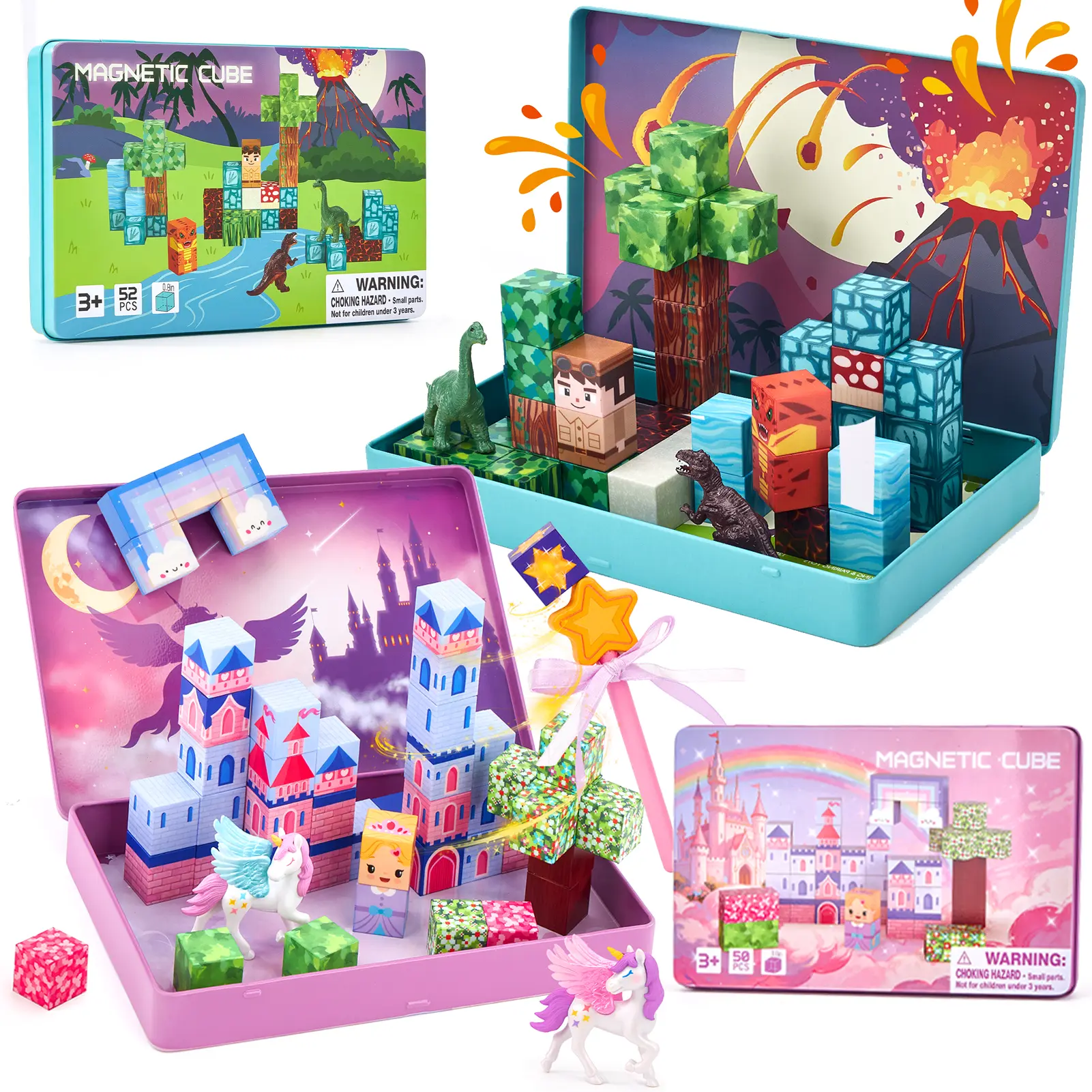 hahaland 52 PCS Mini Dinosaur/Unicorn Magnetic Blocks with Magnetic Case. Magnet Building Cubes Dinosaur Toys for Kids 3+ Toddler Travel Toys Airplane Essentials, Stem Toys 3-5 Year Old Boys Gifts Collectible Construction Set