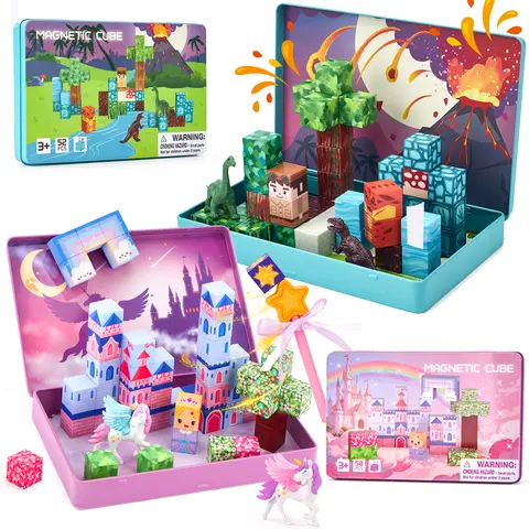 hahaland 52 PCS 0.8-inch Mini Dinosaur/Unicorn Magnetic Modular Blocks, DIY Building Kit with Magnetic Case, Construction Stacking Toys for Kids 3+ Travel Essentials, STEM Gifts Enhancing Hand-Eye Coordination
