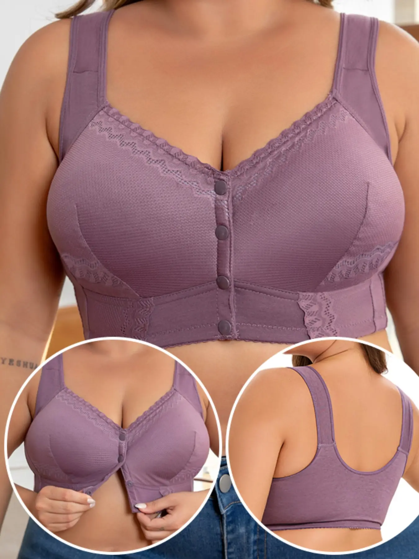 Plus Size Smoothing Racerback Bra - Front-Open Wireless Support Bra, Full Coverage Breathable Cotton Bralette (1XL-7XL)