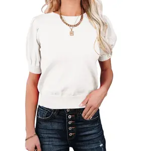Clearlove Womens Puff Short Sleeve Sweater Tops Crewneck Basic Knit Pullover Lightweight Solid Casual Sweaters Blouse Beige XXL