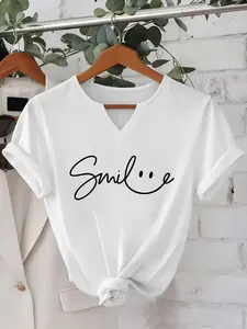Women's V Neck Short Sleeve T-Shirt, Letter Print, Small Open Neck Design, Breathable Comfort, Spring Summer Fashion