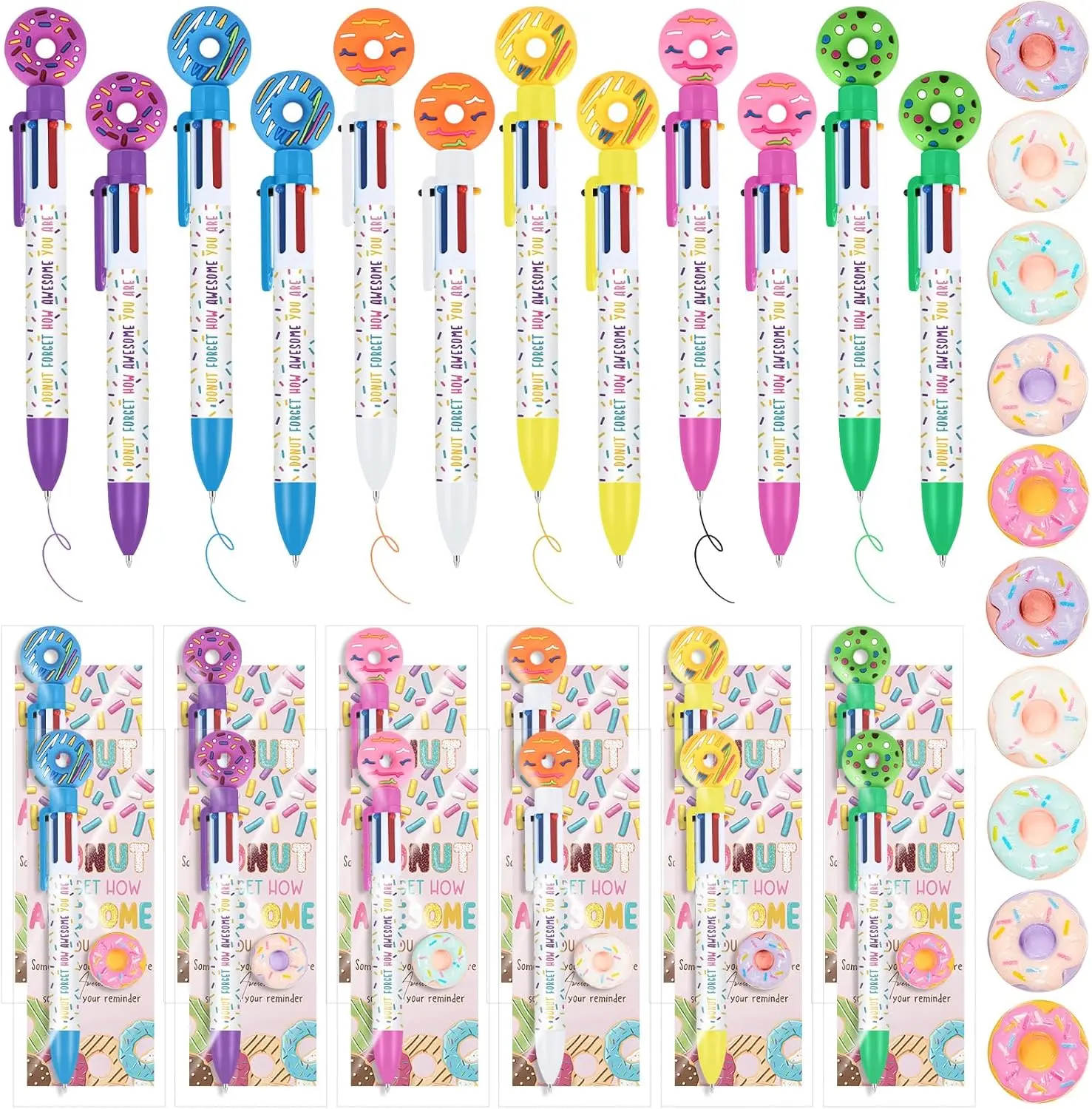 24 Sets Donut 6-in-1 Multicolor Ballpoint Pens for Back to School Gifts First Day of School 0.5mm Funny Cute Donut with Inspirational Cards Classroom Exchange Party Favors Emotional Support Gift for Students Friends Employee Coworker Staff