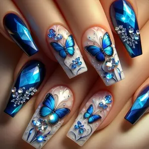 Blue Butterfly Medium-Length Ballet Nails, European and American Fashion-Seller, Fake Nails, Ins-Style Wearable Nails, Detachable