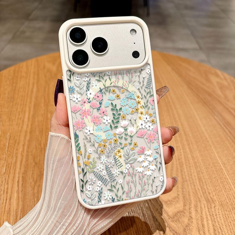 Chic Botanical Graphic Phone Case Hand-Drawn Style Pink, Blue & Yellow Wildflowers Paired With Lush Greenery Featuring Built-In Strong Magnet Ring Blending Smooth Macaron Texture With Secure Magsafe Compatibility For iPhone 17 16 15 14 13 12 11 X XS