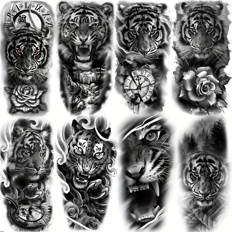 Rechal 8 Sheets Realistic Tribal Large Tiger Temporary Tattoo Stickers For Women Adults, Half Arm Sleeve Tattoos For Men, 3D Black Tiger Compass Flower Tattoos Decals