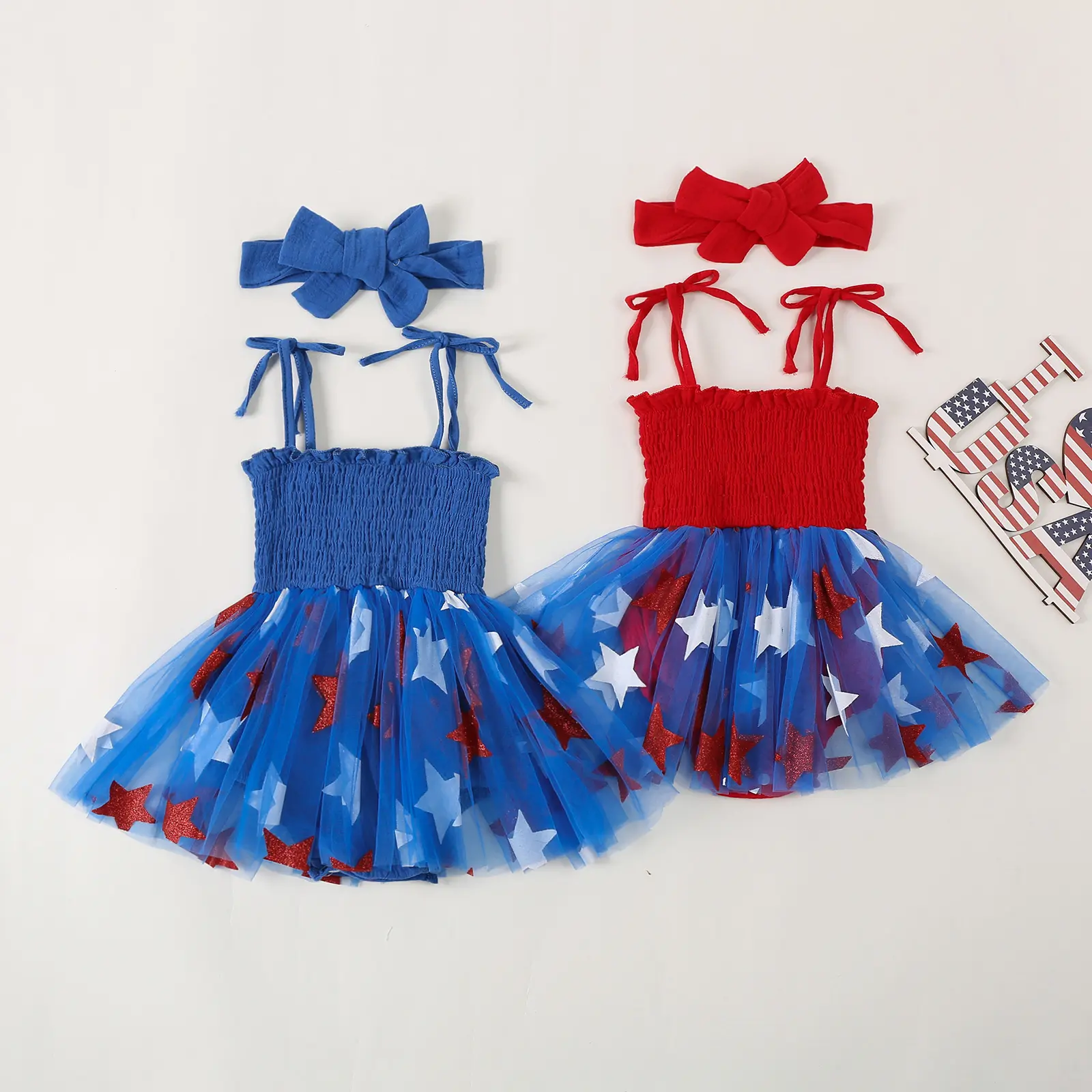 4th of July Baby Girl Outfit Newborn Tulle Romper Dress Strap Sleeveless Stars Tutu Jumpsuit Bodysuit with Headband