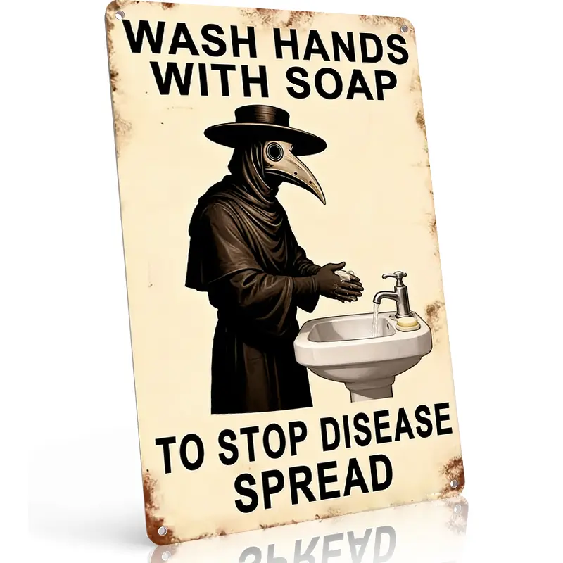 Vintage Gothic Plague Doctor Metal Sign "Wash Hands With Soap to Stop Disease Spread", 8x12 in Aluminum Bathroom Wall Art, Waterproof Rust-Free Decor for Steampunk Fans, Ideal Gift for Gothic Enthusiasts, Home Decor Plaque