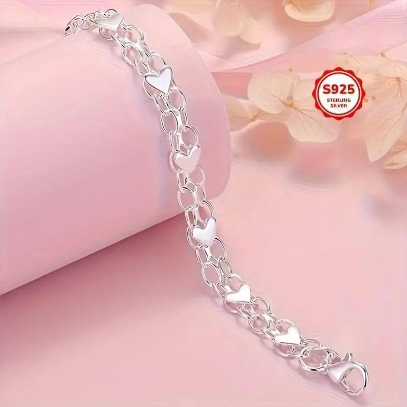 925 Sterling Silver Women's Heart Bangle - Hypoallergenic, Durable, Bohemian Style, Simple Casual Daily Accessory, Popular Couples Gift for Adults, Bracelet