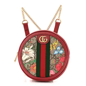 Pre-owned GUCCI GG Leather Backpacks GG Supreme Monogram Web Flora Mini Ophidia Round Backpack Red