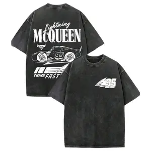Retro Washed Black Oversized T-Shirt, Cars Lightning McQueen "Think Fast" 95 Race Car Graphic Print, Casual Short Sleeve, Unisex Streetwear for Men & Women, Loose Fit for Outdoor & Daily Wear