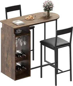 Bar Table and Chairs  Set for 2, Stylish Dining Table with Triple Tier Wine Rack, Glass Hanging, Elegant White Marble Pattern, and Plush Velvet Seats, Perfect for Home & Office