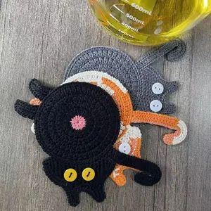 Cute Cat Butt Coasters Non-Slip Heat-Resistant Crochet Drink Mat Absorbent Pads Knitted Mug Coaster Desktop Decoration