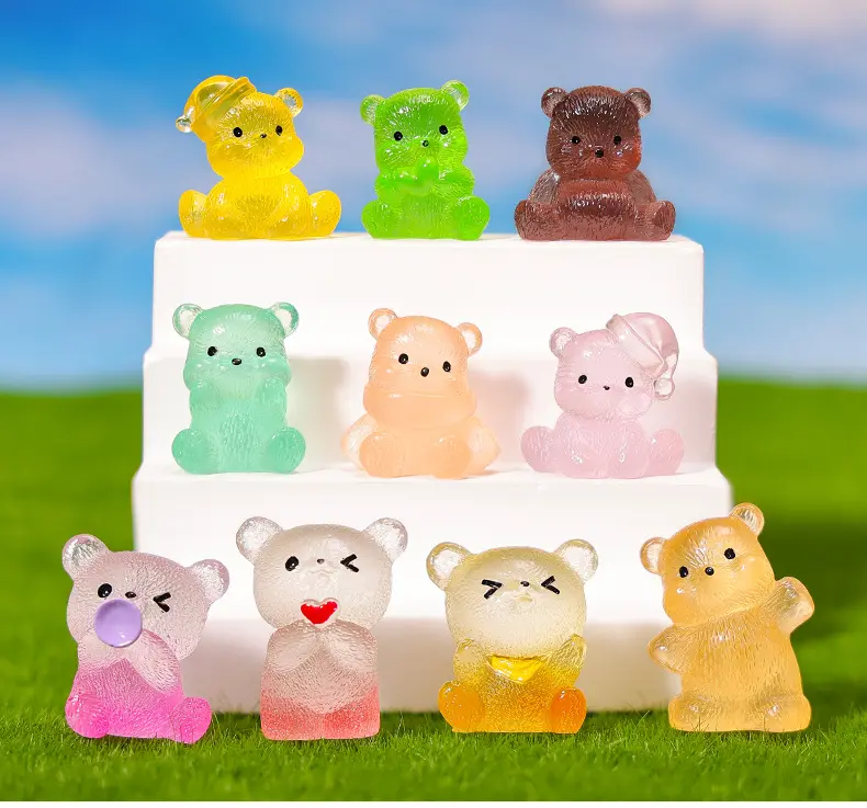 10pcs Mini Landscape Glow in the Dark Bears Light Resin Statue Ornaments decorative for Desktop, Car, DIY Craft Home Decor Miniatures,mini gifts Fairy