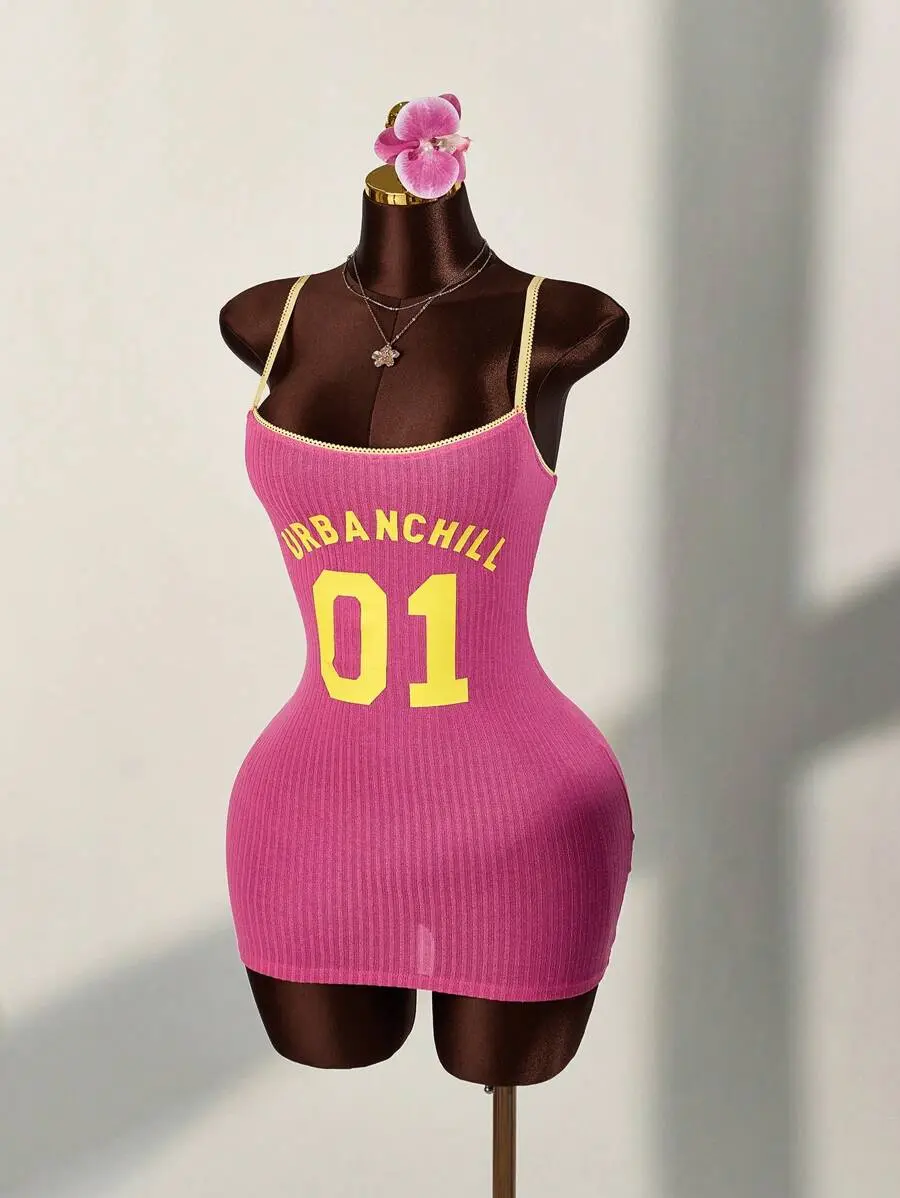Lumina x Amplova Sports Numeric Colorblock Lace Patchwork Bodycon Mini Dress,Bodycon Dress Back-To-School Club Pink And Yellow And Summer Y2k Back-To-School