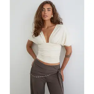 Vernia Plunge Batwing Top in Cupro Cream