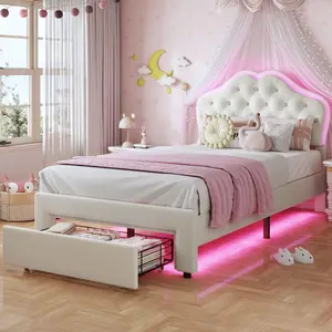 Twin Size Velvet Princess LED Bed Frame White