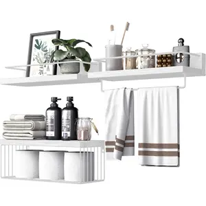 Bathroom Shelves Over Toilet for Wall, Floating Shelves with Storage Basket Paper Holer for Kitchen Living Room, Bedroom & Classroom, Set of 3 (White)