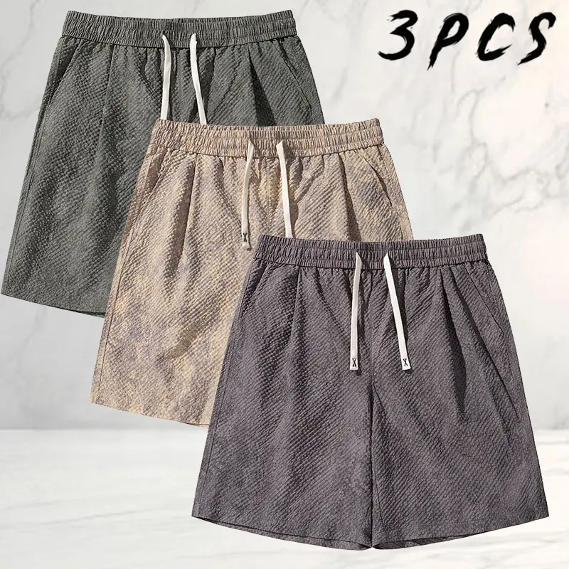 3-pack men’s loose casual shorts, Japanese cityboy casual style, breathable skin-friendly textured fabric that stays cool without trapping sweat, elastic drawstring waistband for easy wear without tightening, relaxed straight fit that doesn’t constrict or