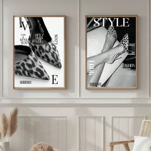 Panel Vintage Magazine Wall Art, High Heel Leopard Print Canvas Painting, Luxury High Fashion Poster, Retro Aesthetic Designer Decor, Suitable For Living Room, Bedroom Or Dorm, Gift For Her, Frame Not Included
