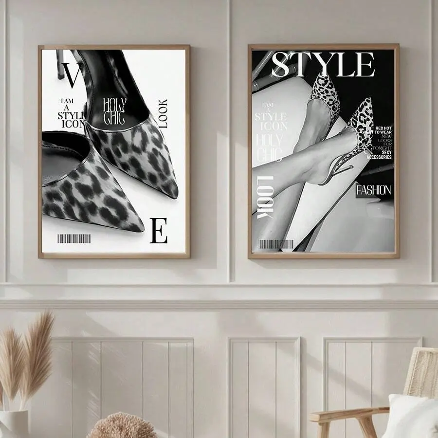Panel Vintage Magazine Wall Art, High Heel Leopard Print Canvas Painting, Luxury High Fashion Poster, Retro Aesthetic Designer Decor, Suitable For Living Room, Bedroom Or Dorm, Gift For Her, Frame Not Included