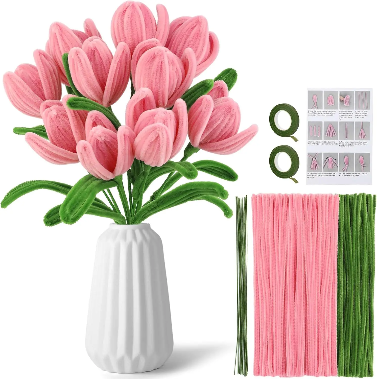 Pipe Cleaner   Pipe Cleaners Set Chenille Stems Green Pipe Cleaner Flower Kit Pipe Cleaners Bulk with Floral Wire Instructions for DIY Art and Craft Projects Creative(10 )