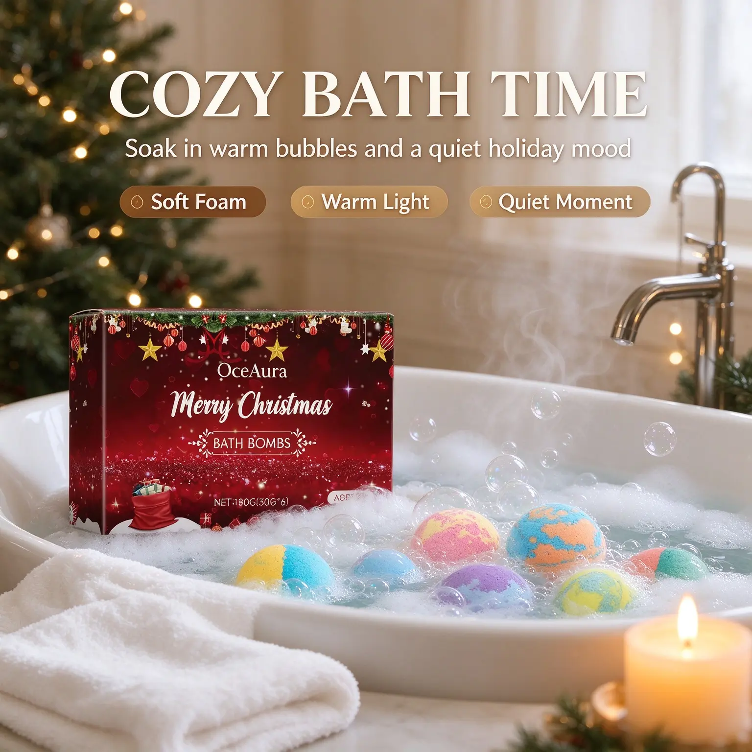 Christmas Bath Bombs Gift Set, 6 Pack Natural Fizzy Bath Bombs, Gentle Aroma Bath Balls, Moisturizing Skin Care Bath Fizzers, Holiday Gift for Women & Kids, Christmas Spa Self-Care Present