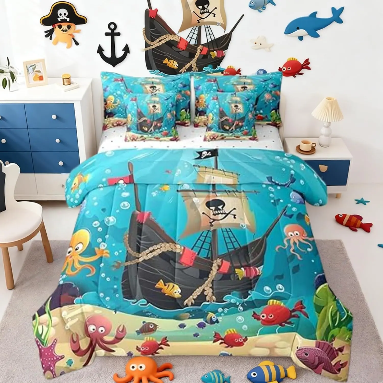 Cartoon Pirate Ship Comforter Set,Marine Adventure Bed Set 7pcs with Comforter,Fitted Sheet,Flat Sheet,2 Pillowcases and 2 Throw Pillow Covers,Underwater Fish Bedding for