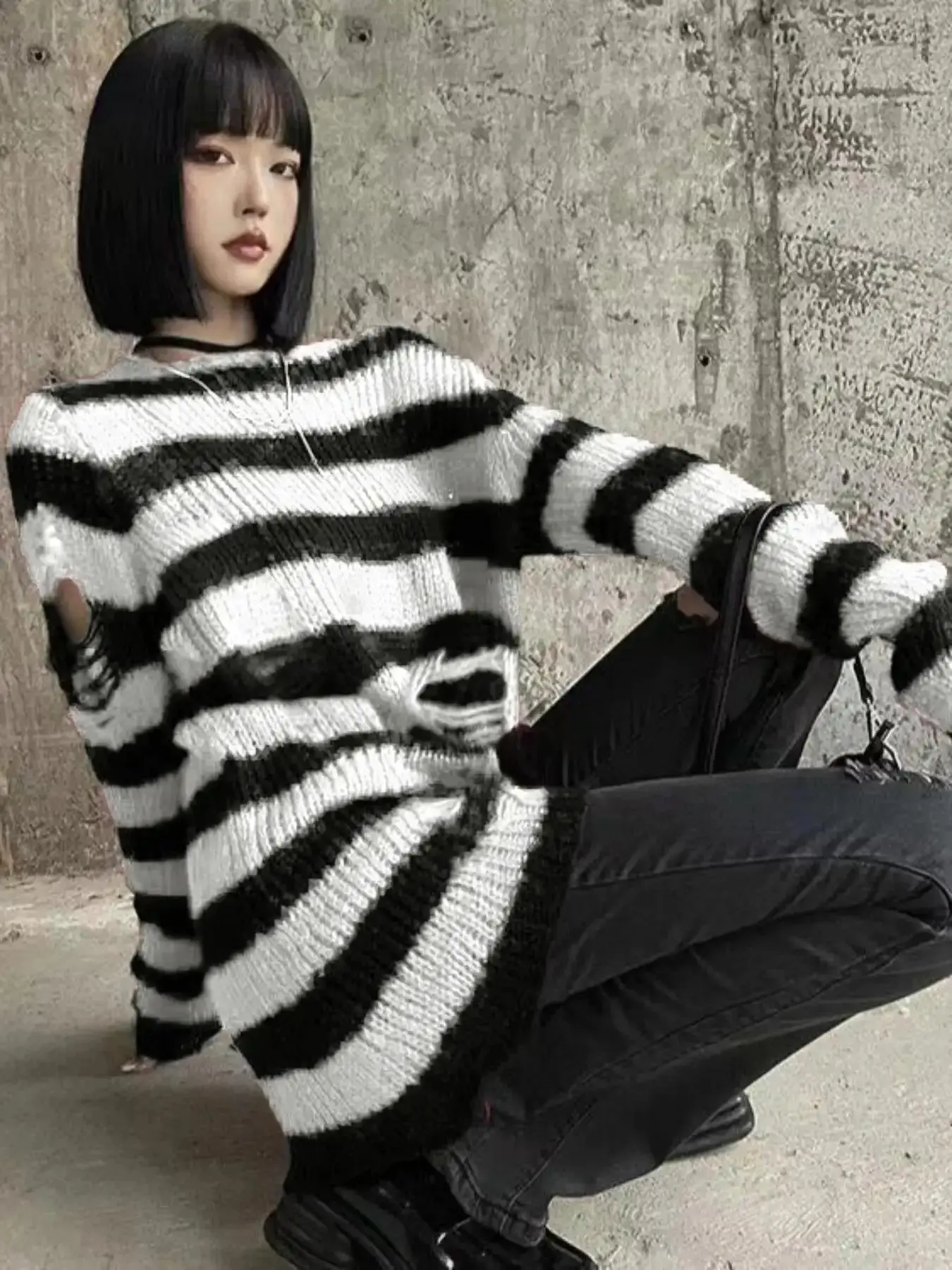Women's Striped Print Ripped Drop Shoulder Sweater, Casual Long Sleeve Round Neck Jumper for Spring & Fall, Knit Clothing Daily Wear trending now cold weather go to aesthetic flattering fit dressed down