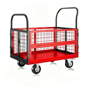 Garvee 6-in-1 Foldable Platform Truck Cart with Cage, Heavy Duty 1800Lbs Capacity Push Cart Dolly, Multipurpose Moving Flatbed Hand Truck for Grocery, Laundry, Garage, Warehouse, Black and Red