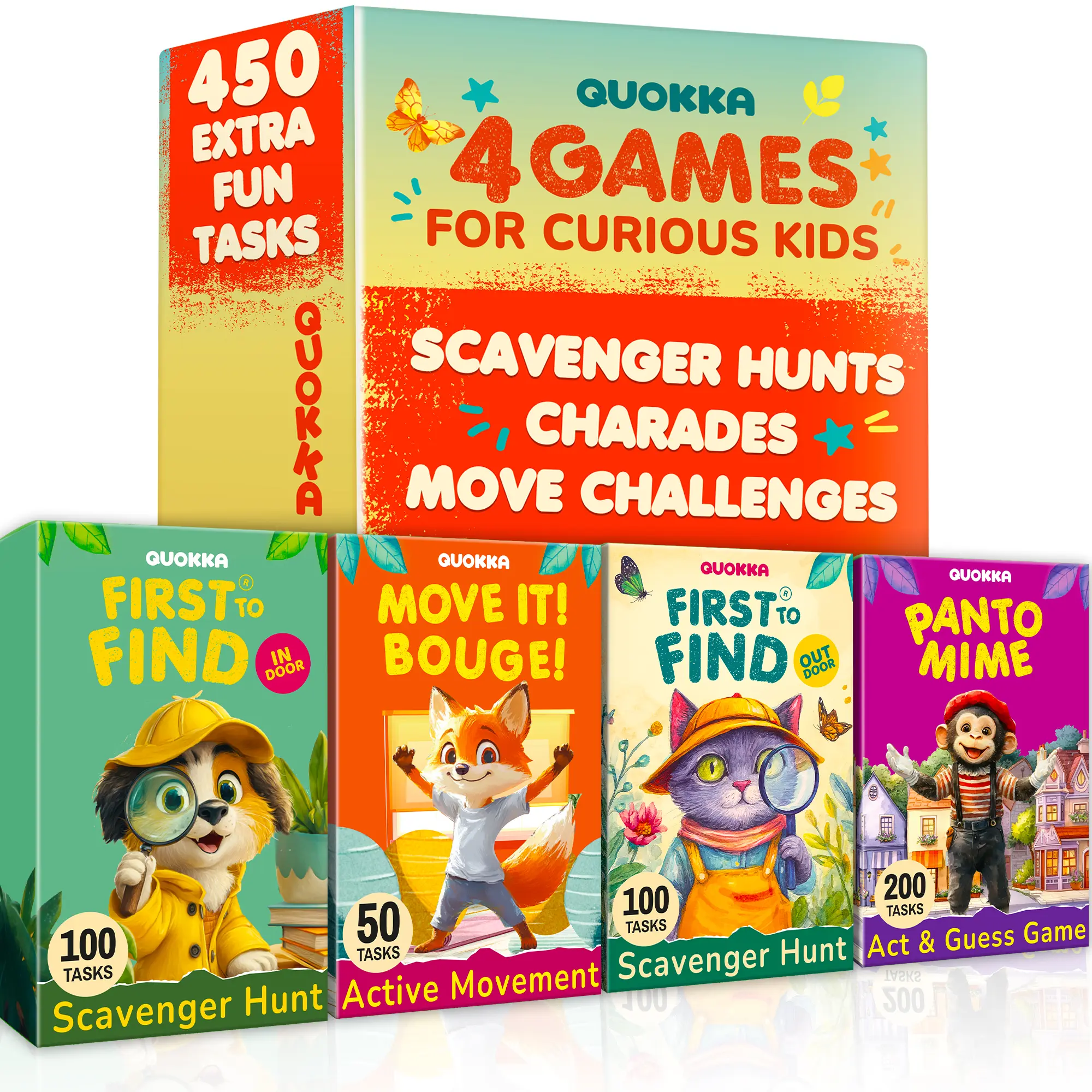 QUOKKA Scavenger Hunt Kids Card Game Set — 4 Games in 1 Box, 450 Creative Tasks - Indoor and Outdoor Games