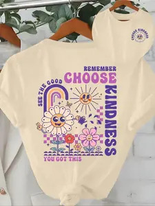 Women's Sunflower & Letter Print Floral Round Neck Graphic Tee, Vintage Trendy Casual Flower Graphic Kindness T-shirt for Daily Wear, Ladies All Seasons, Womenswear Top