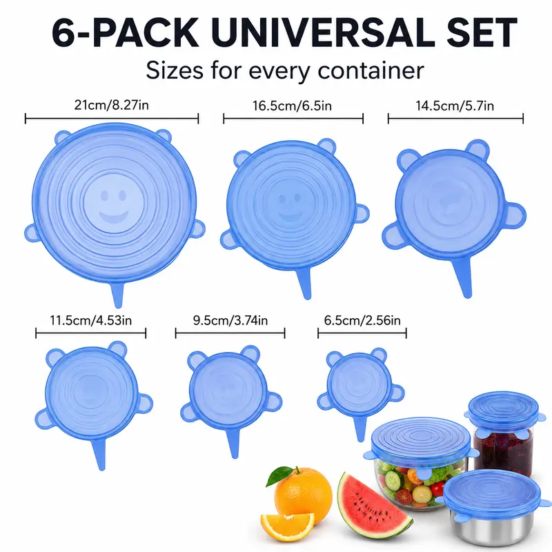 6-Pack Universal Reusable Silicone Lids, Airtight Self-Sealing Kitchen Utensils for Bowls, Stainless Steel & Various Container Sizes, Spice, Smooth
