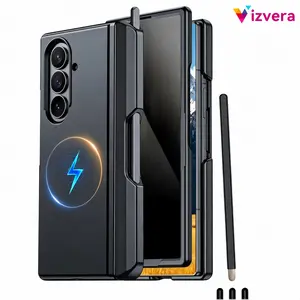 Vizvera for Magnetic for Samsung Galaxy Z Fold 7 Case with Stand with S Pen Holder & Kickstand | Privacy Screen | Hinge Protection | Magnetic Charging | Shockproof | Free Pen + 3 Pen Tips