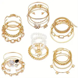 6 Pack Boho Gold Chain Bracelets Set for Women – 14K Gold Plated Multiple Layered Stackable Open Cuff Wrap Bangle, Adjustable Link Italian Cuban Jewelry for Women – Birthday, Anniversary, Bridesmaid Gift