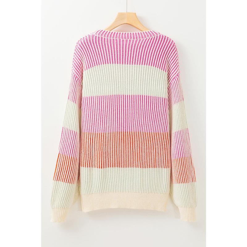 Pink Colorblock Textured Knit Bubble Sleeve Sweater