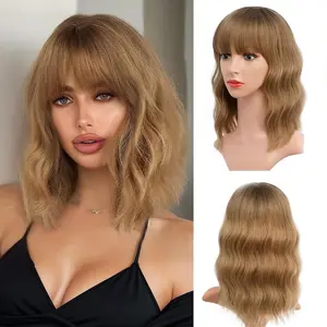 Halloween Curly Bob Wig With Bangs Short Wavy Brown Highlight Color Wigs For Woman Synthetic Heat Resistant Bob Wigs  Natural Brown with Blonde Highlight