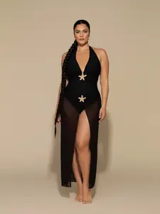 Curvvvy Plus Size One-Piece Swimsuit for Women – Solid Color Nylon Monokini with Mesh Cover-Up Wrap Skirt, Beach Swimwear