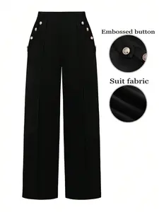 Women's Plus Size High Waist Elastic Button Front Elegant Wide Leg Pants, Velvet Fabric, Vintage Metal Embossed Buttons, A-Line Fit, Office & Party Wear