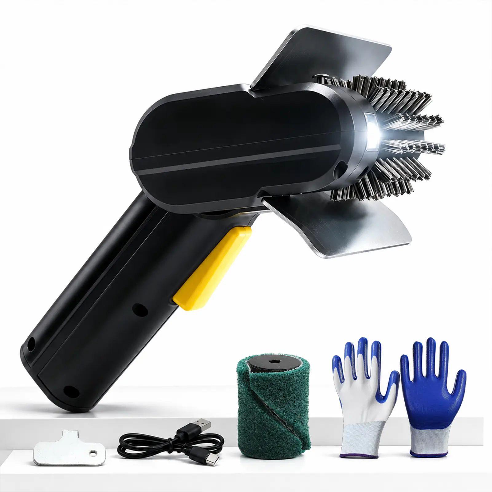Rechargeable Stainless Steel Electric Grill Brush - Lightweight Rotating BBQ Cleaner with Steel Bristles, LED Light, 100+ Min Runtime, 2 Cleaning Pads, Gloves + Wrench, Type-C Charge for Outdoor Grills, Camping