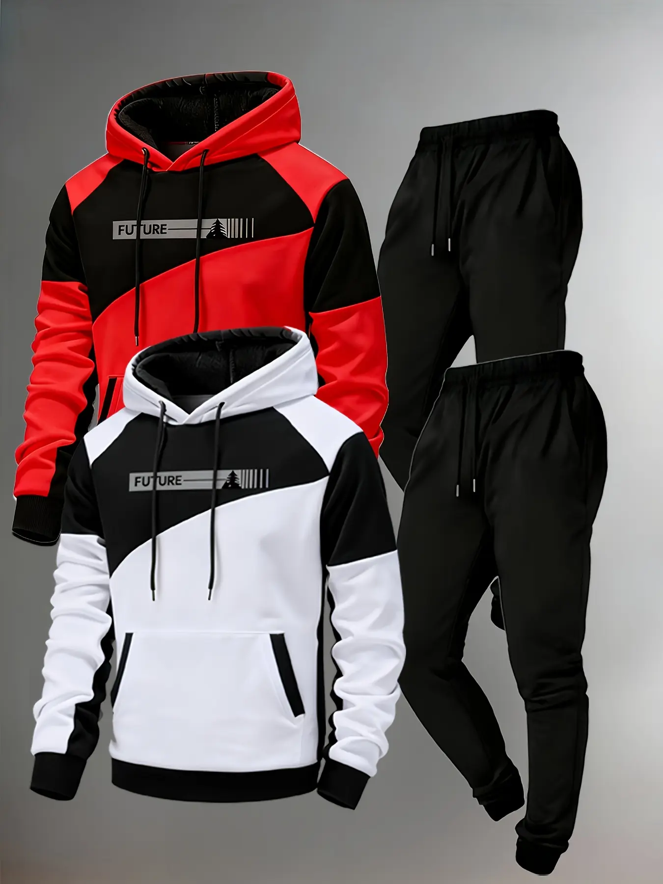 Men's 2 Piece Fleece Lined Tracksuit Set, Color Block Hoodie & Sweatpants Casual Athletic Jogging Sweatsuit Streetwear Outfit for Men