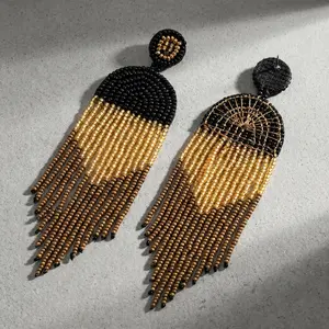 Black & Gold Contrast Seed Bead Tassel Earrings