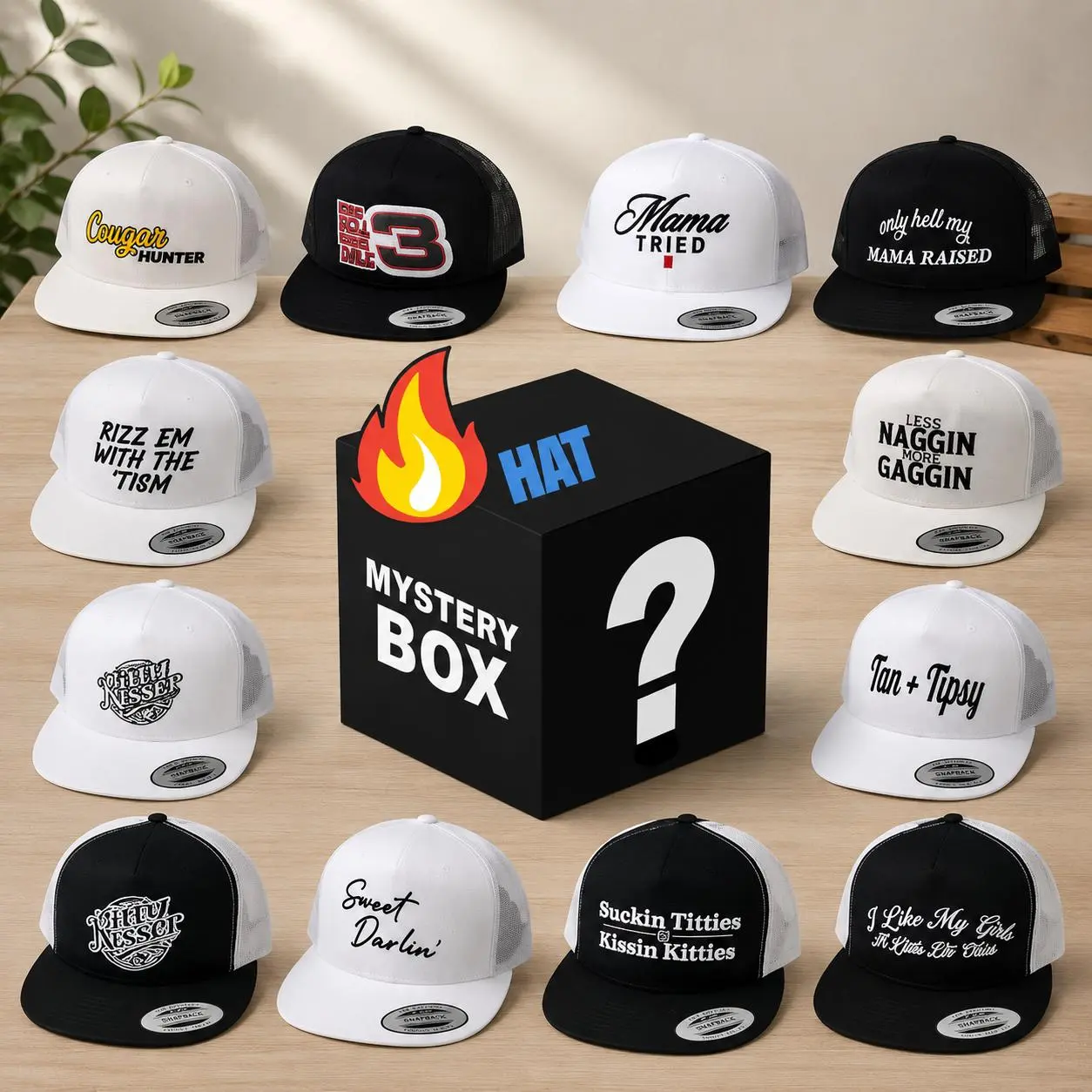 One Hat mystery box, various styles of hats sent randomly, unique gifts, fashionable Trucker Hat for men and women I Like My Girls/MEN A Little Bit Older Hat ,Rizz Em With The Tism Hat, Facebook Marketplace Expert Hat, Sweet Darlin' Trucker Hat