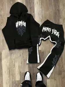 Men's Y2K Casual Street Style Spider Web Print Hoodie and Sweatpants Set, Fall & Winter Fashion, Trendy and Versatile