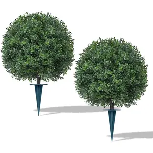 2Pack Artificial Boxwood Topiary Ball Trees,16''UV Resistant Fake Evergreen Shrubs Bushes Plants with Ground Spike, Fake Plants for Outdoor Indoor Front Porch Garden