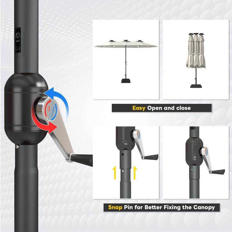 AECOJOY [No Base] 15ft Patio Umbrella with Solar Lights, Large Double Umbrella Outdoor Patio LED Lights and Crank Handle Cream(1.9" Pole) Lighting Garden