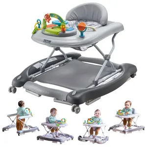 4-in-1 Foldable Baby Walker with Wheels, 3 Adjustable Heights, Music Toys Tray, Rocking Walk-Behind Bouncer, Learning-Seated Activity Center for 6-24 Months Toddlers
