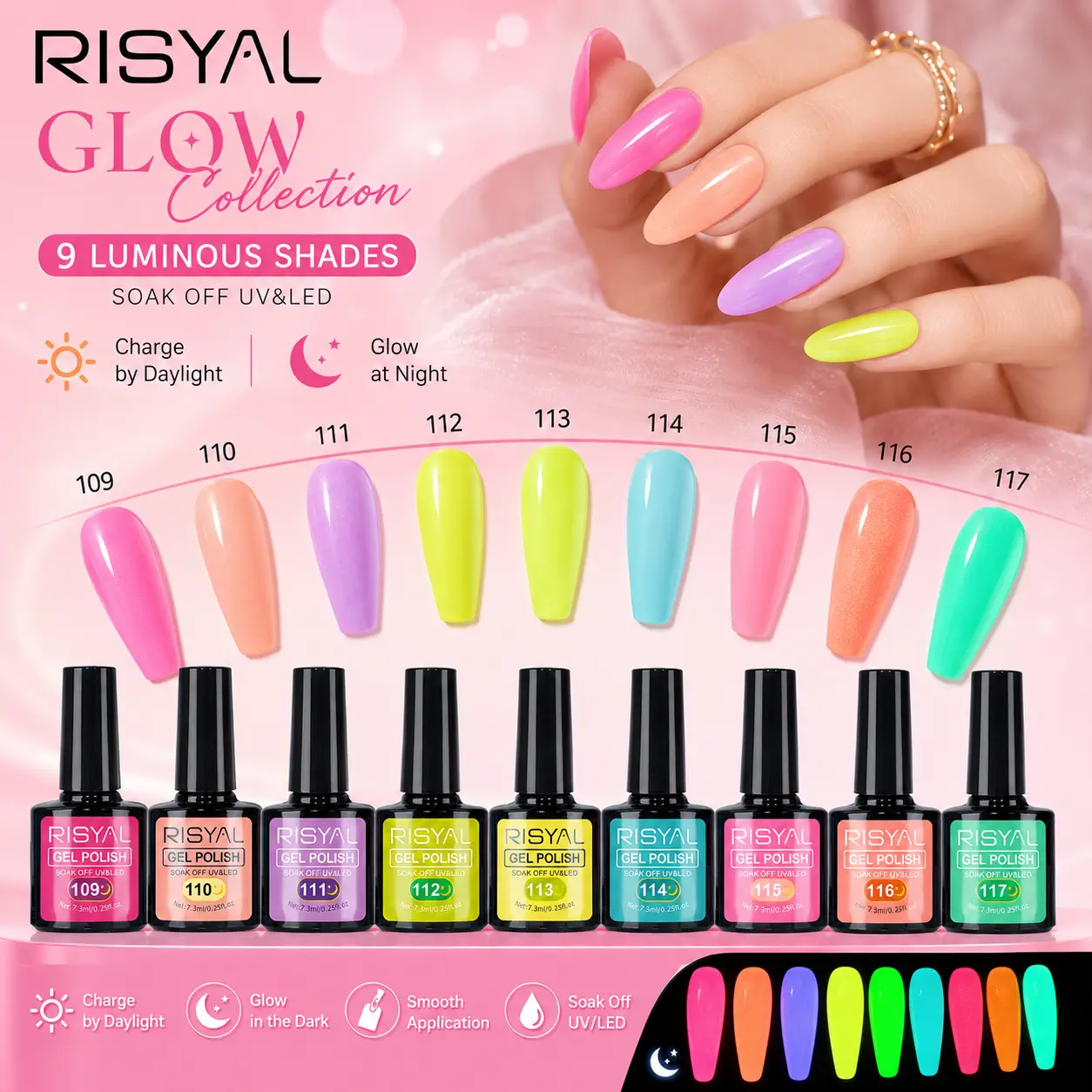RISYAL Glow in the Dark Gel Nail Polish, 12 Color Day-to-Night Neon Luminous UV LED Soak Off Nail Gel, 7.3ml