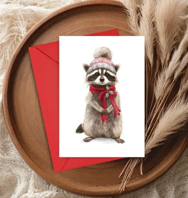 Cute Raccoon Christmas Card Holiday Greeting Card for Woodland Animal Lovers Rustic Holiday Card Pack for Friends or Family